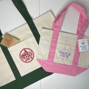LOT Set of 2 — Trader Joe’s Canvas Tote Bags — Full Size GREEN + Pastel PINK NWT